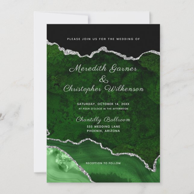 Green and Silver Glitter Agate Geode Wedding Invitation (Front)