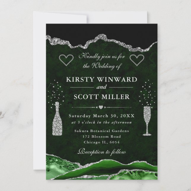 Green and Silver Glitter Agate Wedding Invitation (Front)