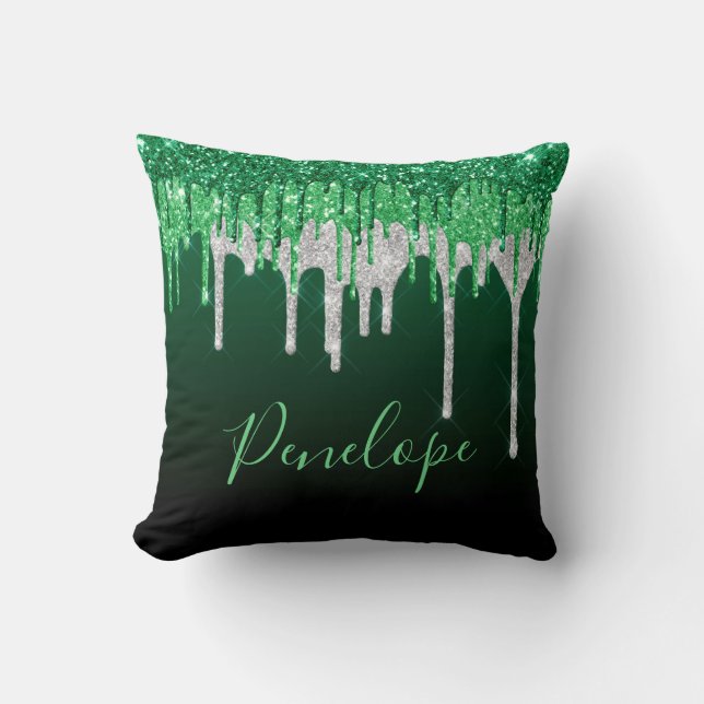 Green and Silver Glitter Dripping  Monogram   Cushion (Front)