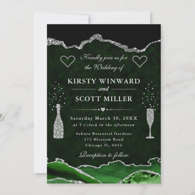 Green and Silver Glitter Marble Agate Wedding Invitation (Front)