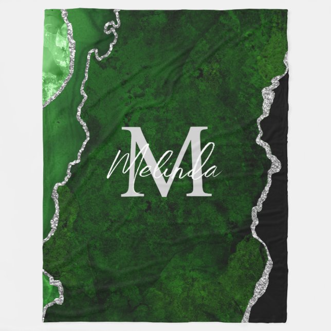 Green and Silver Marble Agate Fleece Blanket (Front)