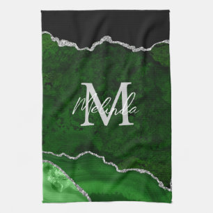 Green and Silver Marble Agate Tea Towel