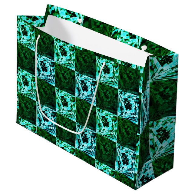 Green and sky blue chess or cyan, with rectangle large gift bag (Front Angled)