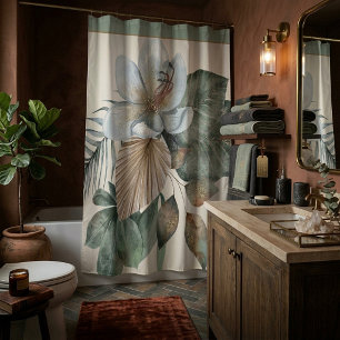 Green and tan botanical shower curtain