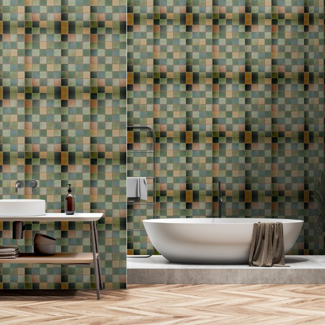 Green and Tan plain tile pattern Vinyl Wallpaper (Bathroom)