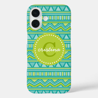Green and Teal Aztec Chevron Custom Monogram iPhone 16 Case