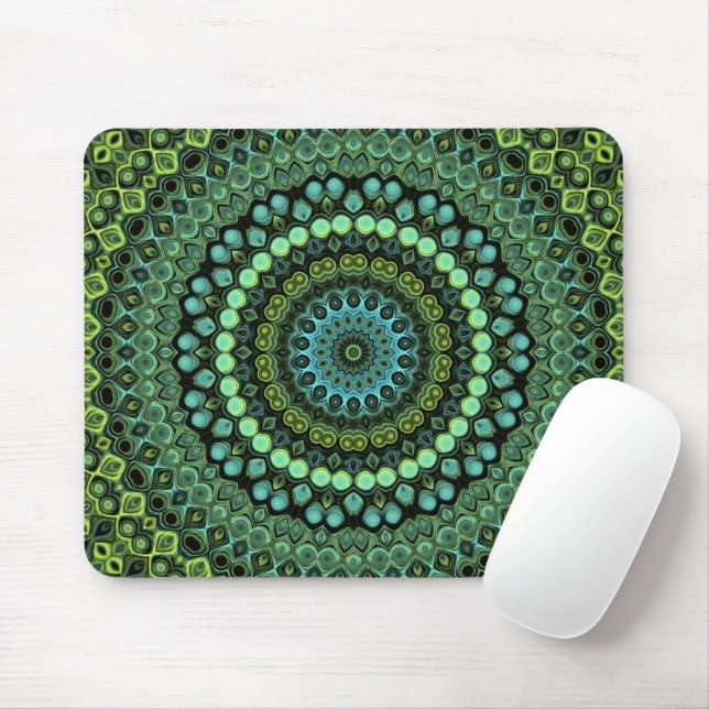 Green and Teal Kaleidoscope Mandala Pattern Mouse Pad (With Mouse)