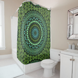 Green and Teal Kaleidoscope Mandala Pattern Shower Curtain