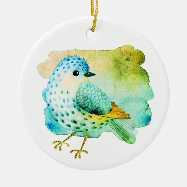 Green and Teal Watercolor Bird Ceramic Ornament (Front)