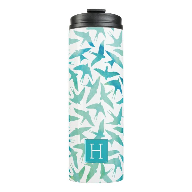 Green and Teal Watercolor Birds Pattern Thermal Tumbler (Front)