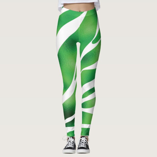Green and White Abstract Stripes  Leggings (Front)