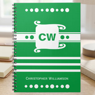 Green and white add initials name striped notebook