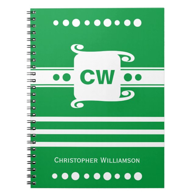 Green and white add initials name striped notebook (Front)