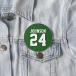 Green and White Athlete Name Jersey Number 7.5 Cm Round Badge<br><div class="desc">Cheer on your favourite sports team, football player or just show off your school pride with a custom personalised spirit button! Add your school name or personalise with a player's name and jersey number. Perfect for football, basketball, baseball and soccer games! Create custom pins for the whole team, cheerleaders, parents...</div>