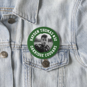 Green and White Athlete Name Jersey Number Photo 7.5 Cm Round Badge