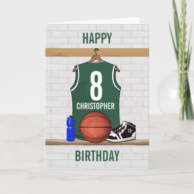 Green and White Basketball Jersey Happy Birthdday Card (Front)