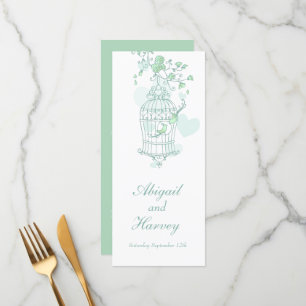 Green and white bird cage wedding dinner menu