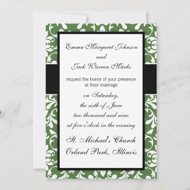 green and white bird damask pattern design invitation (Front)