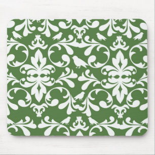 green and white bird damask pattern mouse pad