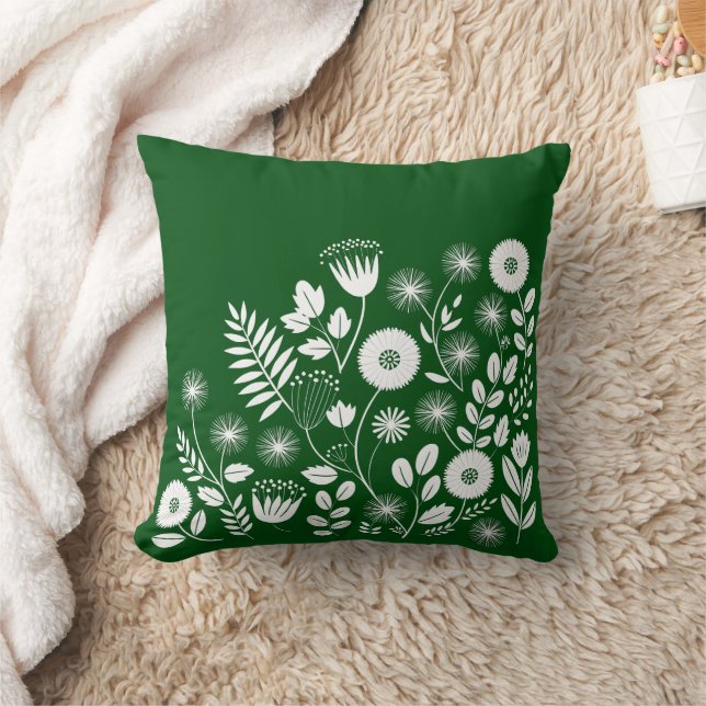 Green and White Boho Wildflower  Cushion (Blanket)