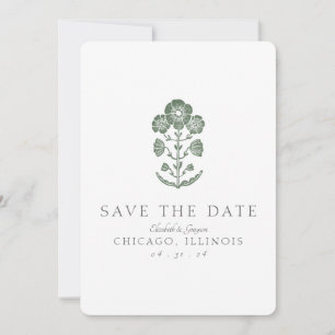 Green and White Botanical Block Print Wedding Save The Date