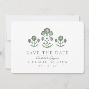 Green and White Botanical Block Print Wedding Save The Date