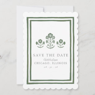 Green and White Botanical Block Print Wedding Save The Date