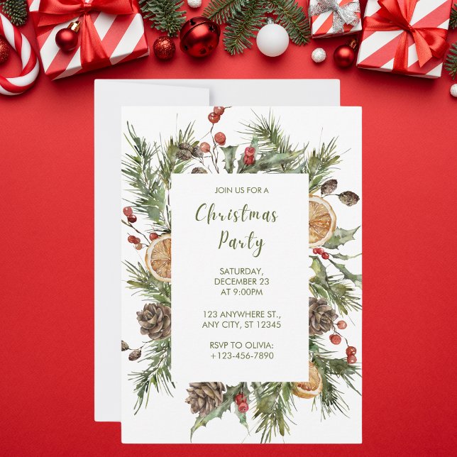 Green and White Botanical Christmas Party Invitation (Creator Uploaded)
