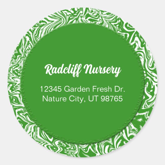 Green and White Business Address Classic Round Sticker (Front)