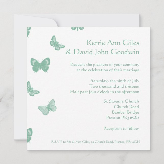 Green and White Butterfly Wedding Invitation (Front)