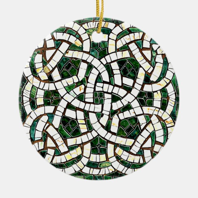 Green and White Celtic Knot Stone Mosaic Ceramic Tree Decoration (Front)