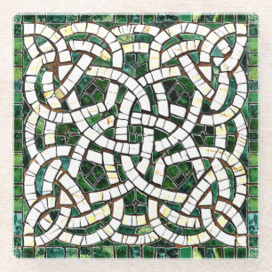 Green and White Celtic Knot Stone Mosaic Glass Coaster