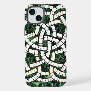 Green and White Celtic Knot Stone Mosaic iPhone 15 Plus Case