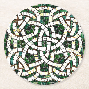 Green and White Celtic Knot Stone Mosaic Round Paper Coaster