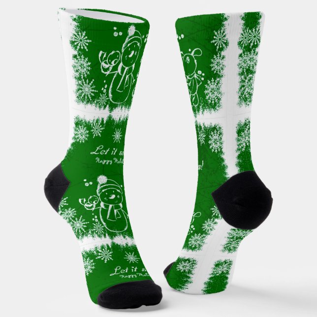 Green And White Chalk Snowman-Let It Snow Socks (Angled)