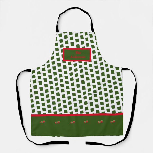 Green and White Checked Strawberry Kitchen  Apron (Front)