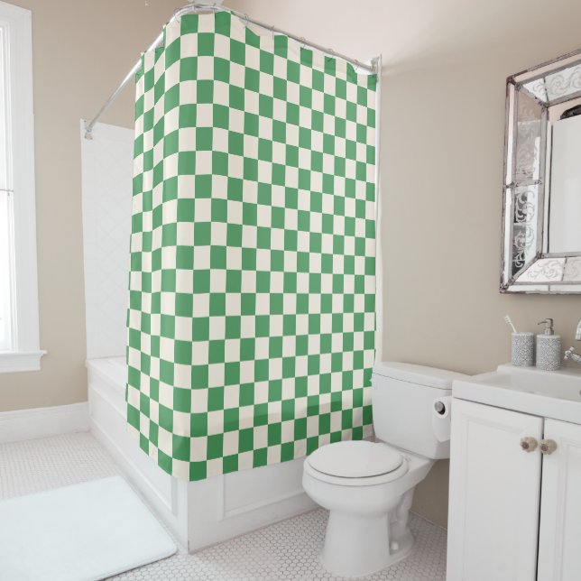 green and white Chequerboard Check Chequered Shower Curtain (In Situ)