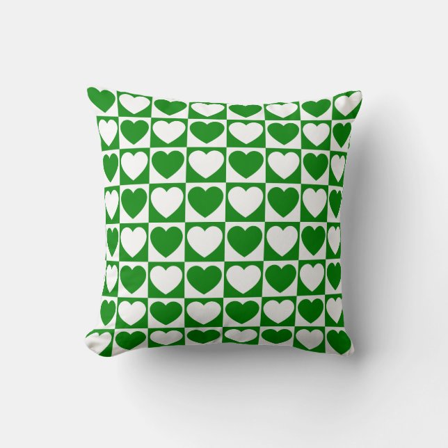 Green and White Chequered Pattern With Hearts Cushion (Front)