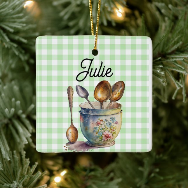 "Green and White Chequered - Spoons in Cup Ceramic Ornament (Tree)