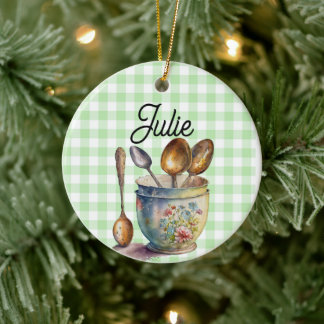 "Green and White Chequered - Spoons in Cup Ceramic Tree Decoration