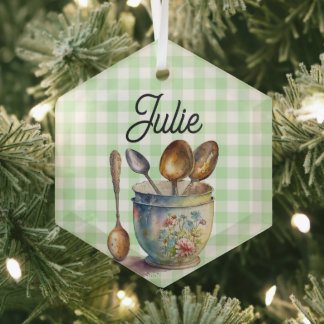 "Green and White Chequered - Spoons in Cup Glass Tree Decoration