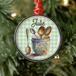 "Green and White Chequered - Spoons in Cup Metal Tree Decoration
