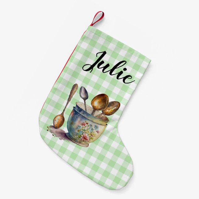 "Green and White Chequered - Spoons in Cup Small Christmas Stocking (Front (Hanging))