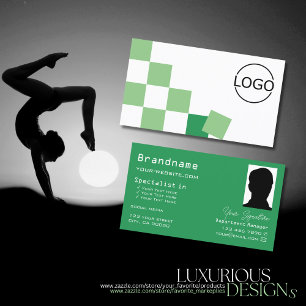 Green and White Chessboard with Logo & Photo Chic Business Card