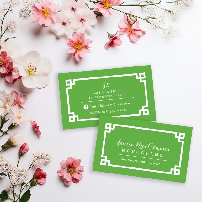 Green and White Chic Greek Key Border Business Card (Creator Uploaded)