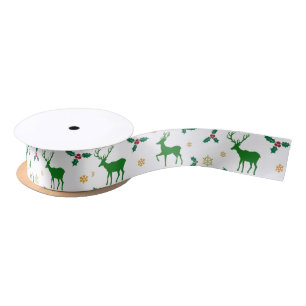 Green and White Christmas Deer 1.5 Inch Satin Ribbon