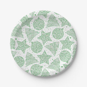 Green and White Christmas Pattern Paper Plates