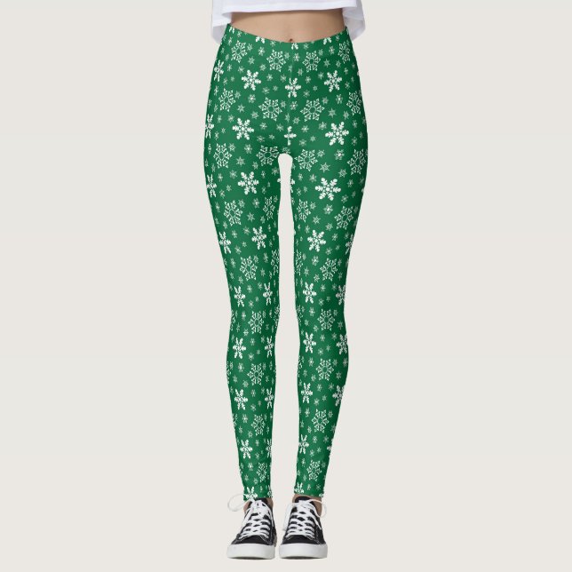 Green and White Christmas Snowflake Pattern   Leggings (Front)