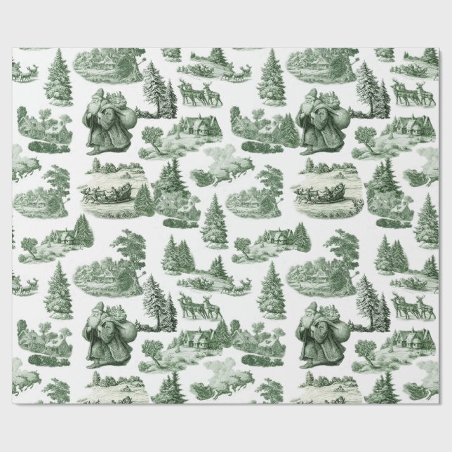 Green and White Christmas Toile Aesthetic Wrapping Paper (Flat)