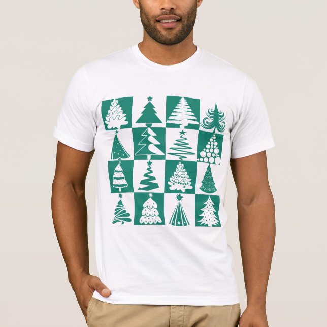 Green And White Christmas Tree Holiday Pattern T-Shirt (Front)